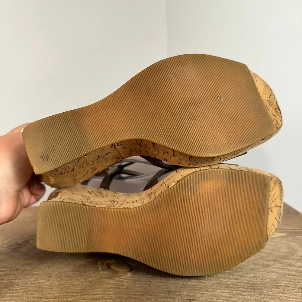 Retro Cork Wedge T-Strap Platform Sandals 8-8. 5 Brown Boho Festival Y2K Retro